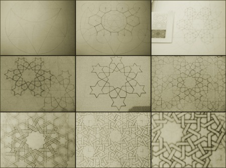 various stages of creating 12 point star pattern using Daud Sutton's Islamic Design.